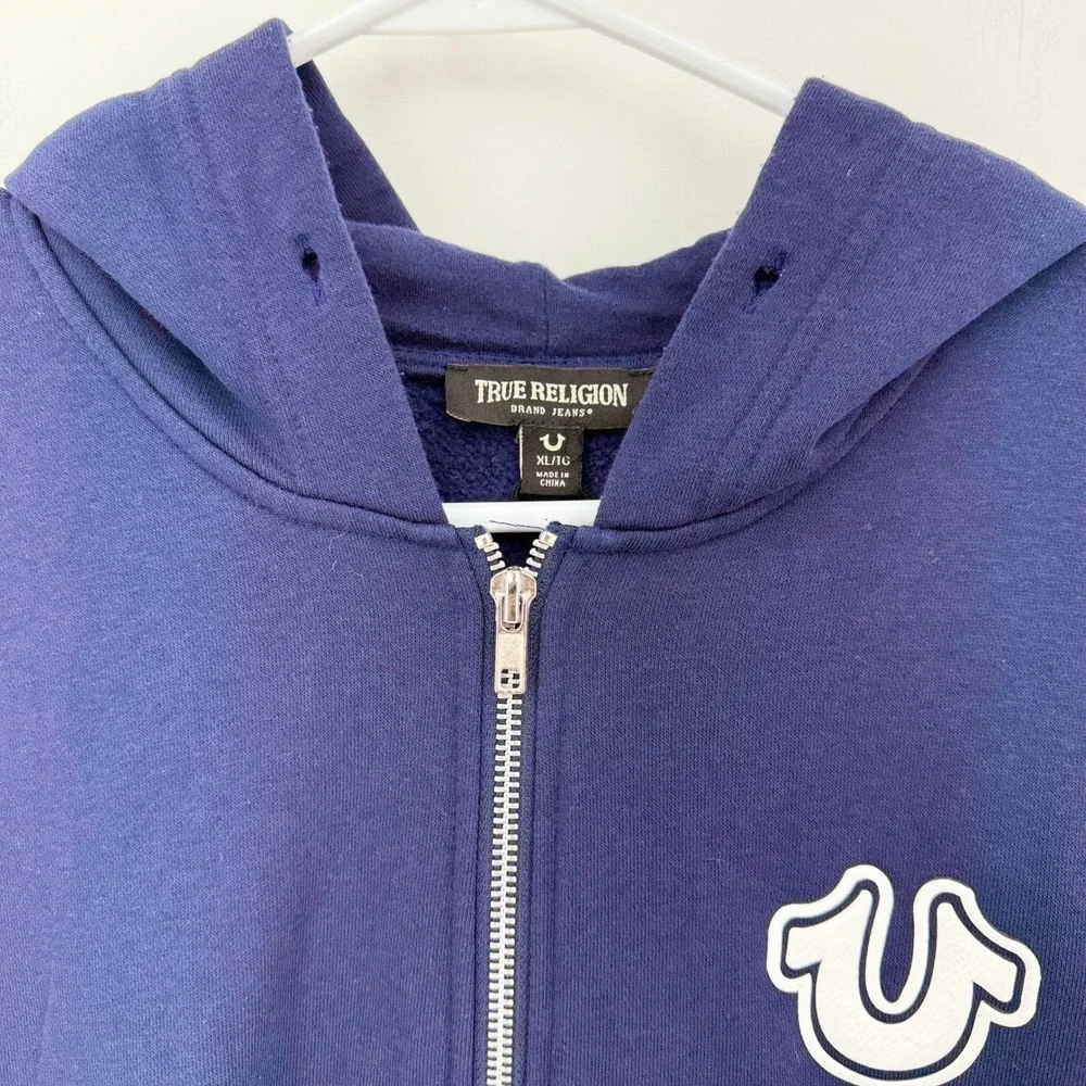 True Religion Zip Hoodie Men XL Navy Blue Good Buddha Graphic Horseshoe Logo New